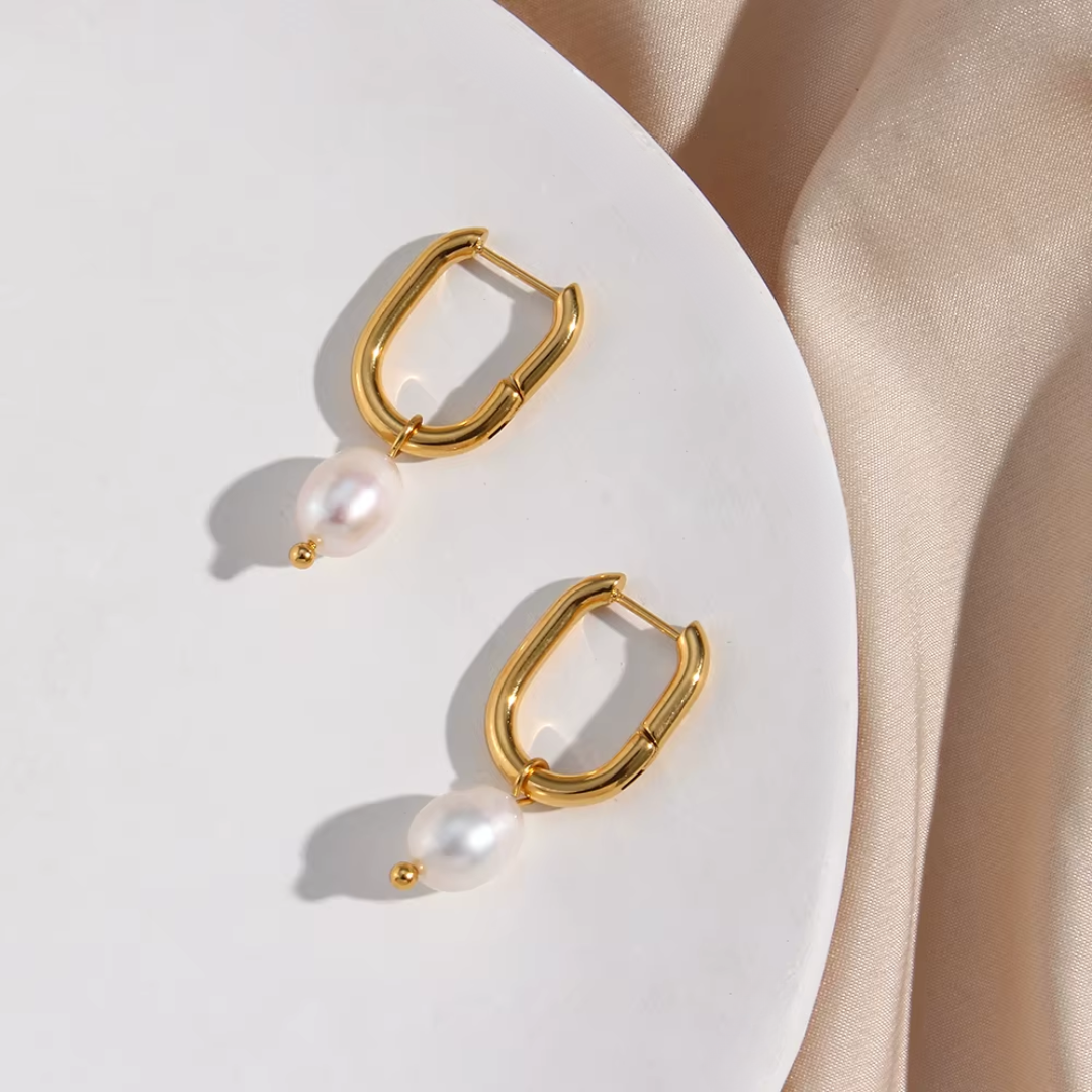 Rectangle Freshwater Pearl Hoops Gold