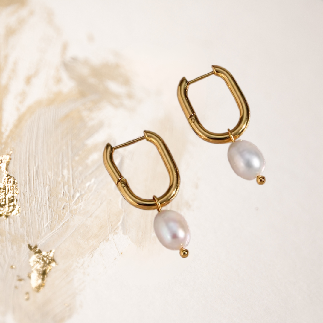 Rectangle Freshwater Pearl Hoops Gold