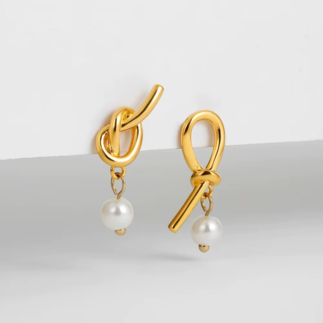 Twisted Knotted Gold & Freshwater Pearl Earrings