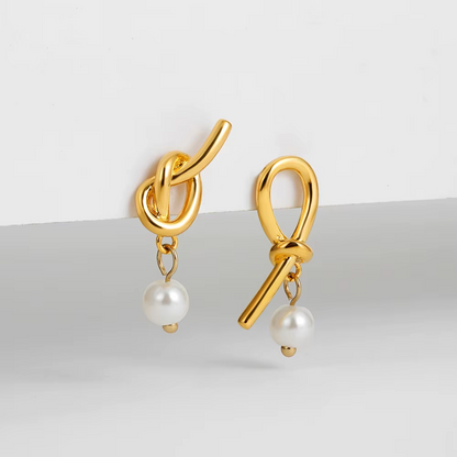 Twisted Knotted Gold & Freshwater Pearl Earrings