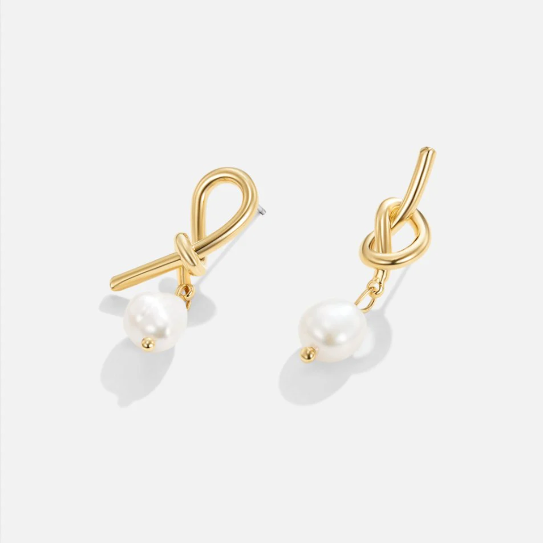 Twisted Knotted Gold & Freshwater Pearl Earrings