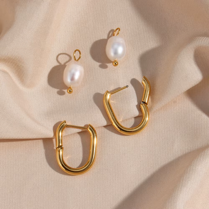 Rectangle Freshwater Pearl Hoops Gold