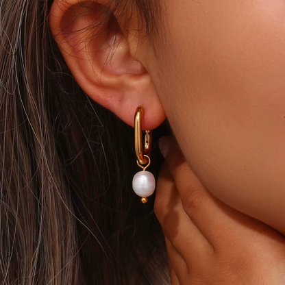 Rectangle Freshwater Pearl Hoops Gold