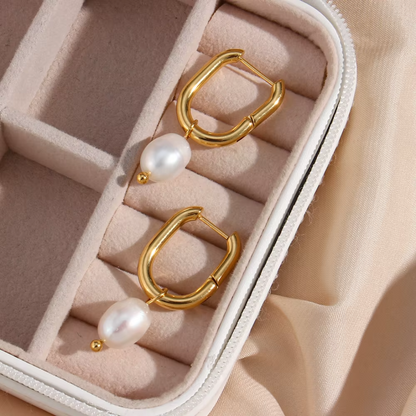 Rectangle Freshwater Pearl Hoops Gold