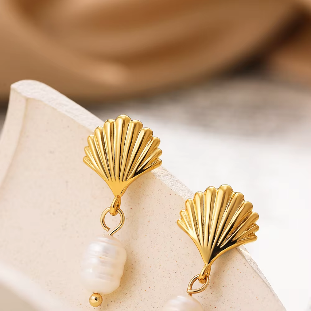 Ocean Shell Gold & Freshwater Pearl Earrings